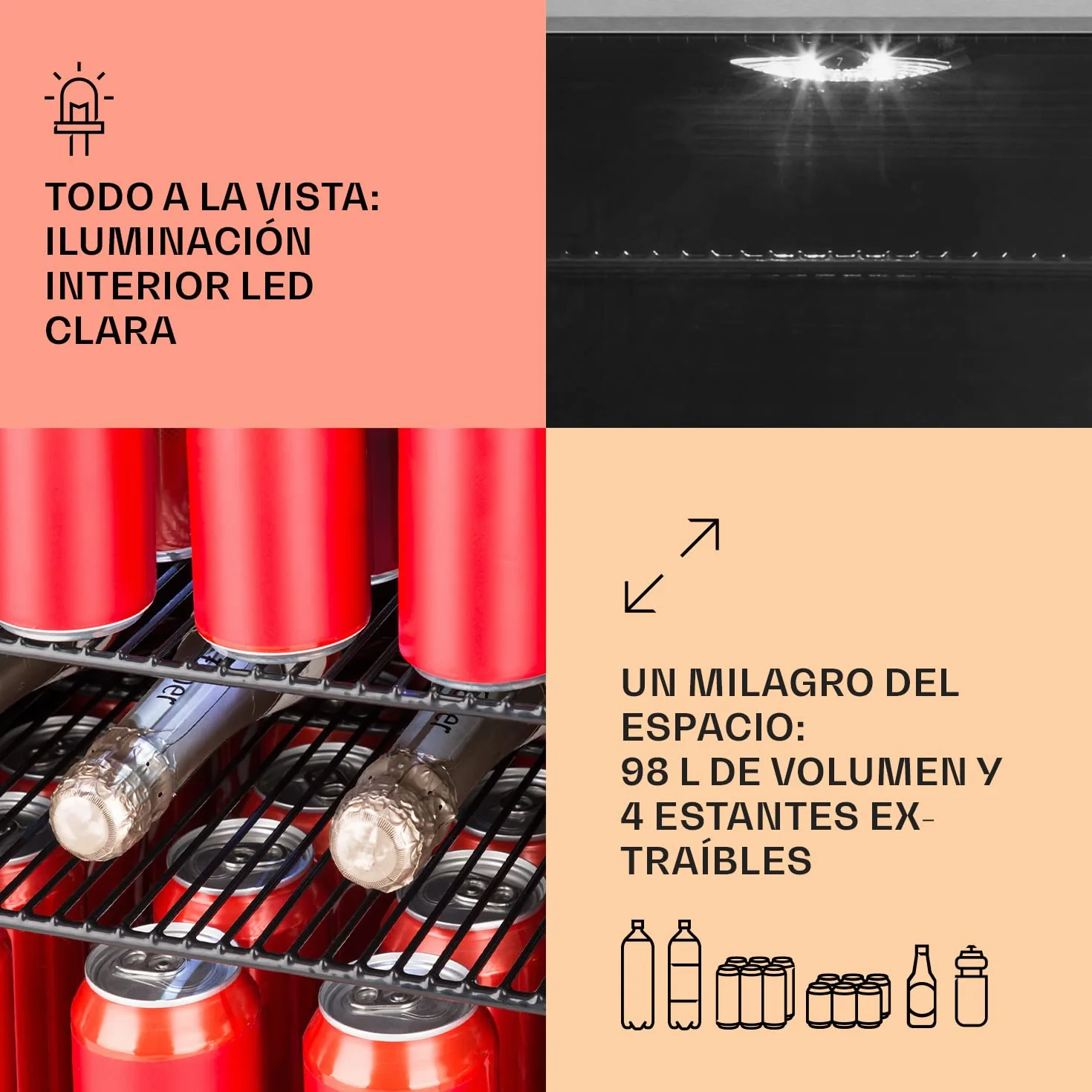 KLARSTEIN Nevera Pequeña Puerta Cristal Habitaciones, Nevera Portatil Electrica, Mini Nevera Pequeña para Bebidas, Frigorificos Pequeños 98L, Mini Frigorifico con Estantes, Neveras Pequeñas